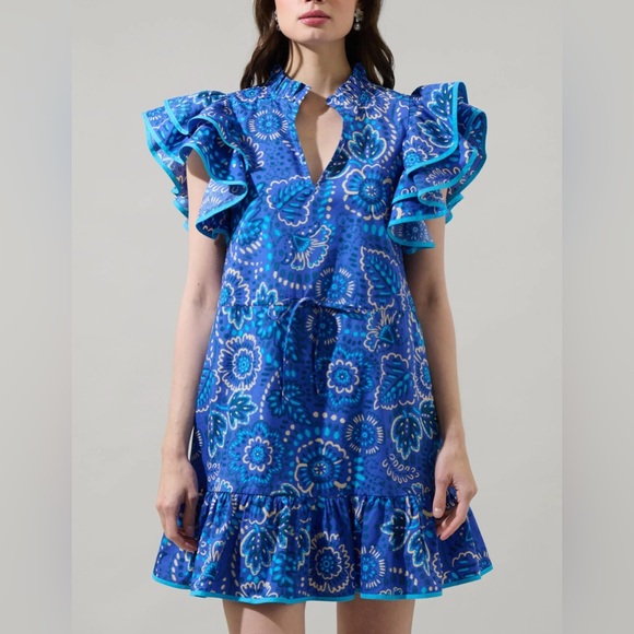 Sugarlips Dresses & Skirts - Sugarlips Kenner Floral Alina Ruffle Shift Mini Dress in Blue Multi Women's M